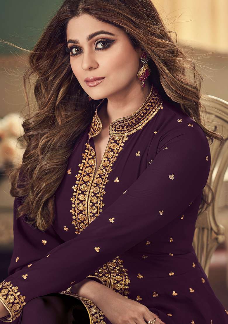 Wine Embroidered Georgette Salwar Kameez - Indya