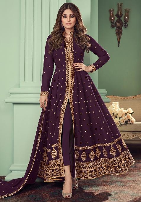 Wine Embroidered Georgette Salwar Kameez