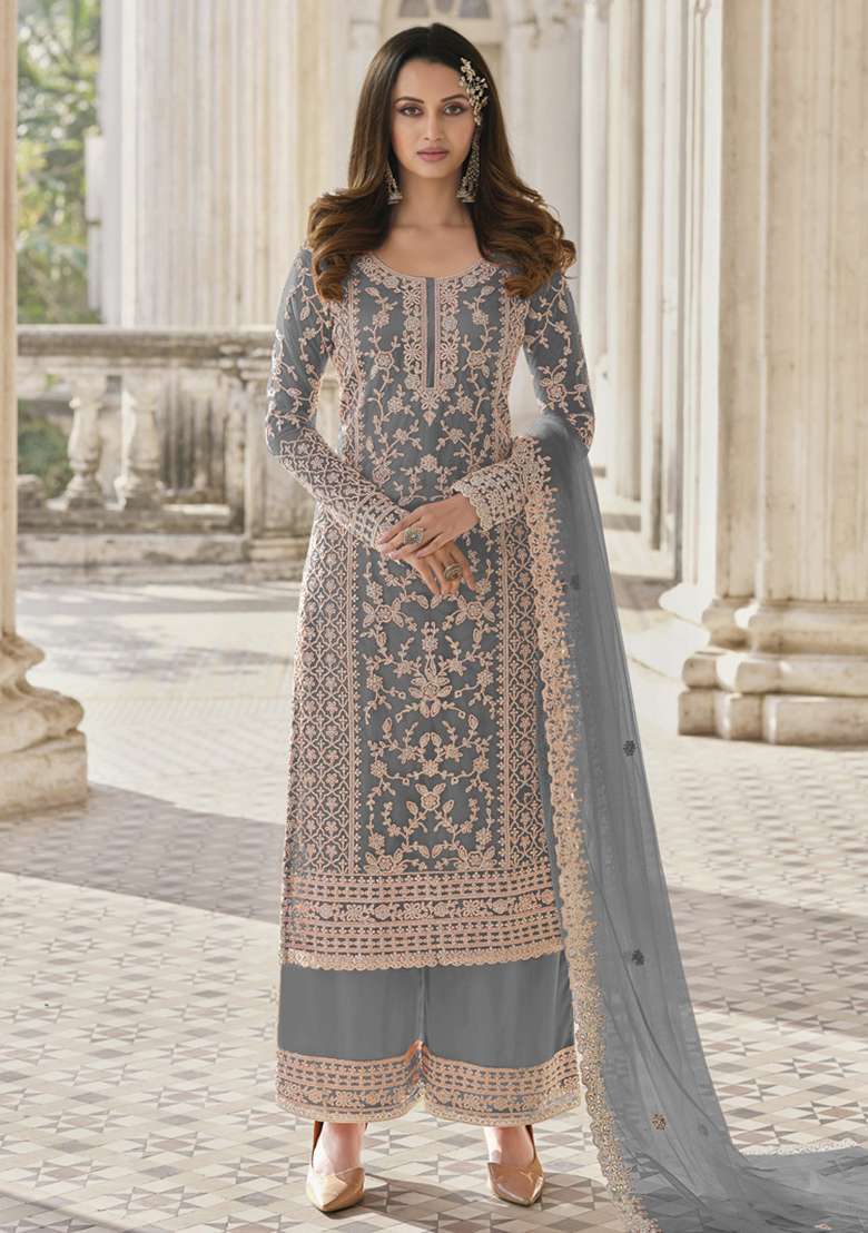 Grey Embroidered Net Salwar Kameez - Indya