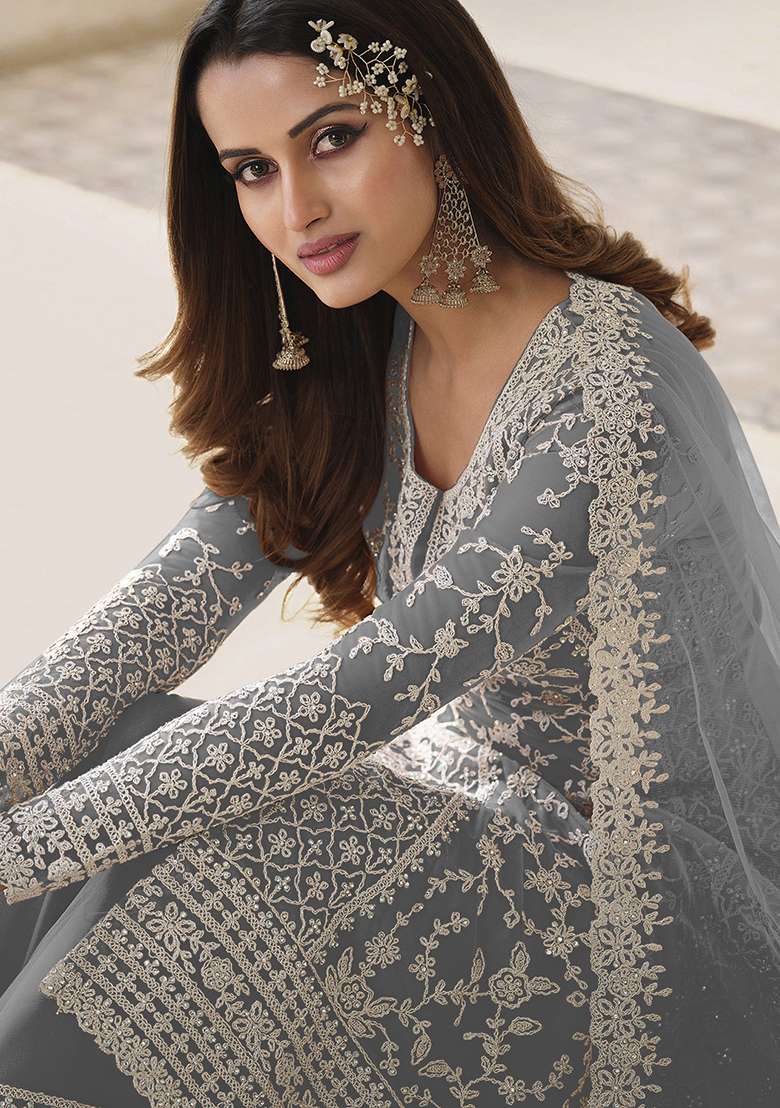 Grey Embroidered Net Salwar Kameez - Indya