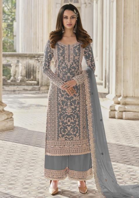 Grey Embroidered Net Salwar Kameez