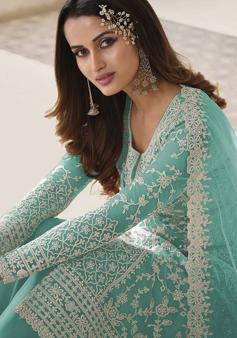 Turquoise Embroidered Net Salwar Kameez - Indya