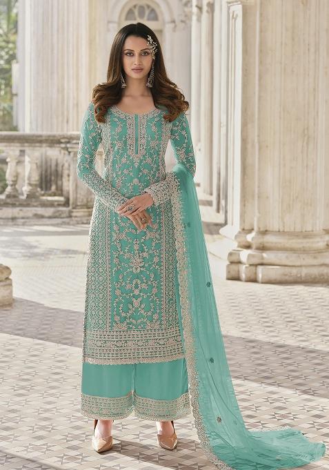 Turquoise Embroidered Net Salwar Kameez