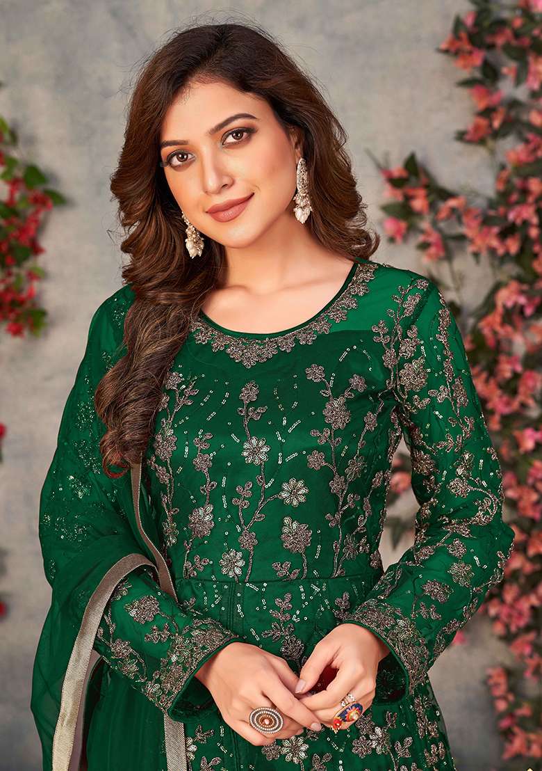 Green Embroidered Net Salwar Kameez - Indya