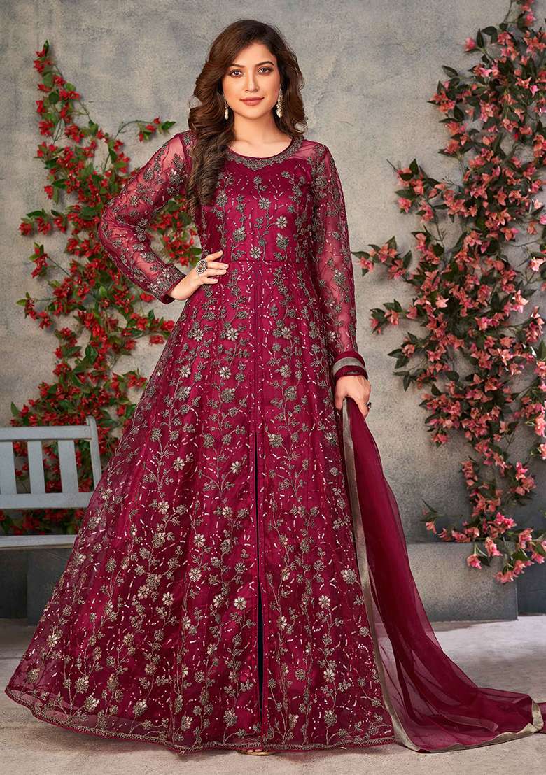 Maroon Embroidered Net Salwar Kameez - Indya