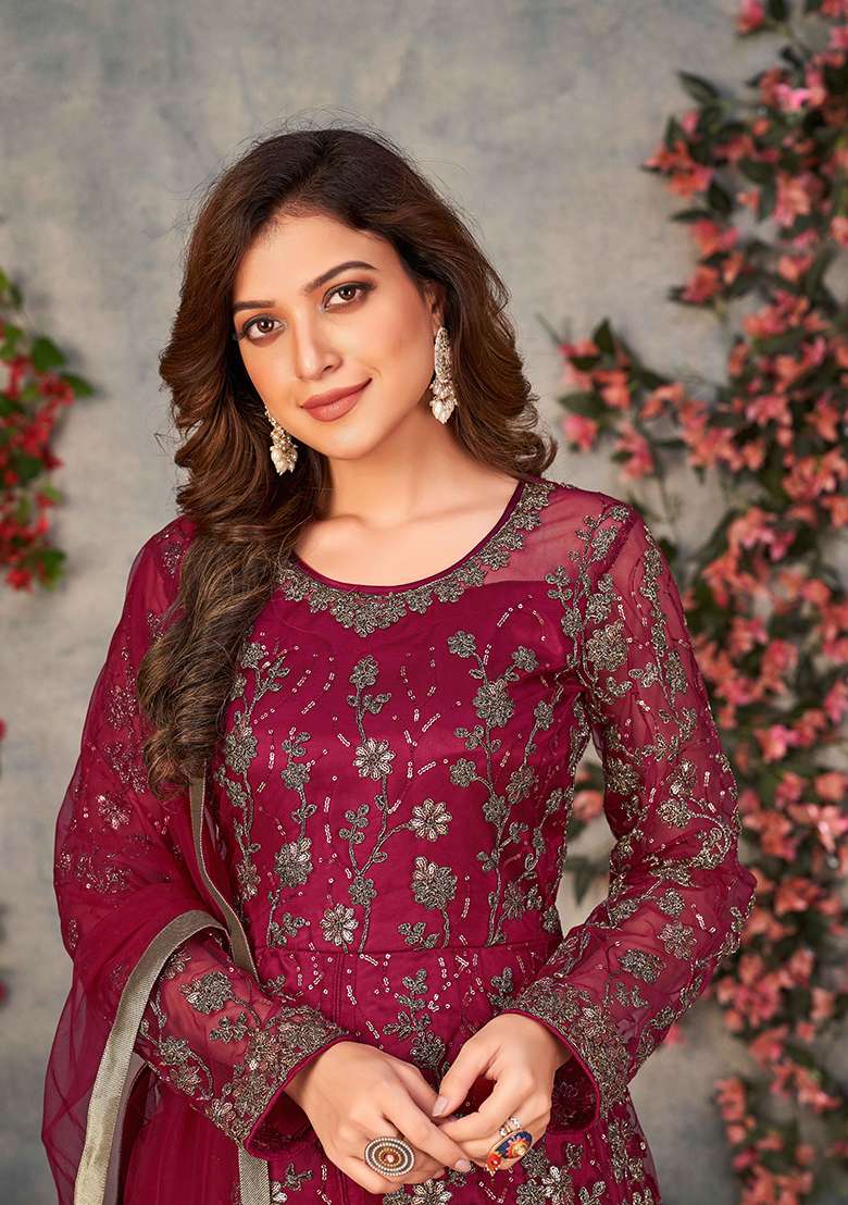 Maroon Embroidered Net Salwar Kameez - Indya