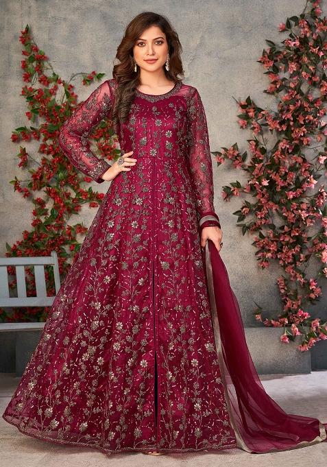 Maroon Embroidered Net Salwar Kameez