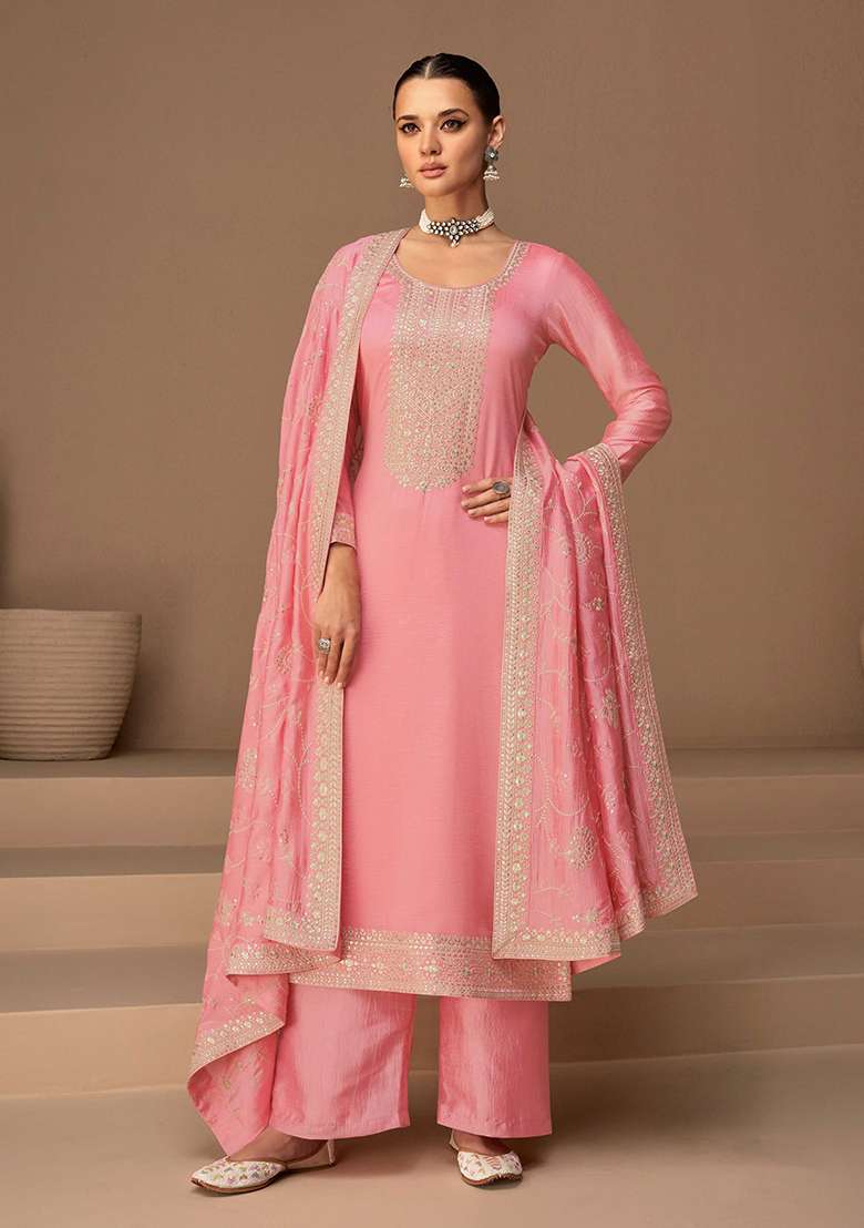 Pink Embroidered Silk Blend Salwar Kameez - Indya