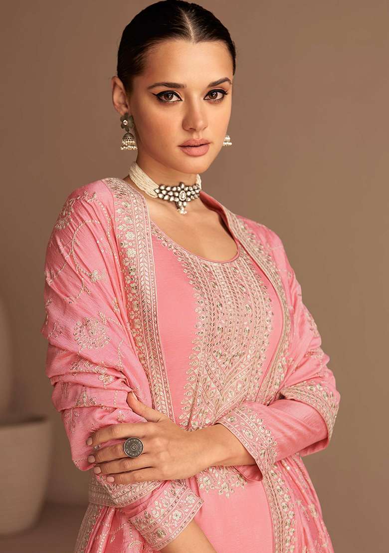 Pink Embroidered Silk Blend Salwar Kameez - Indya
