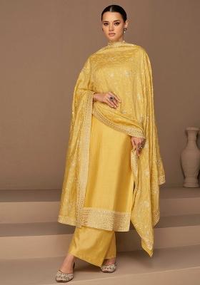 Yellow Embroidered Silk Blend Salwar Kameez