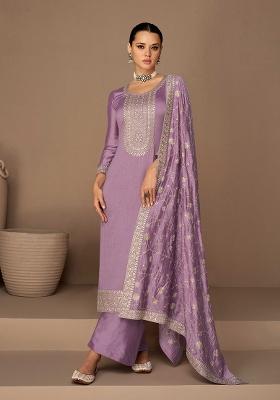 Lavender Embroidered Silk Blend Salwar Kameez