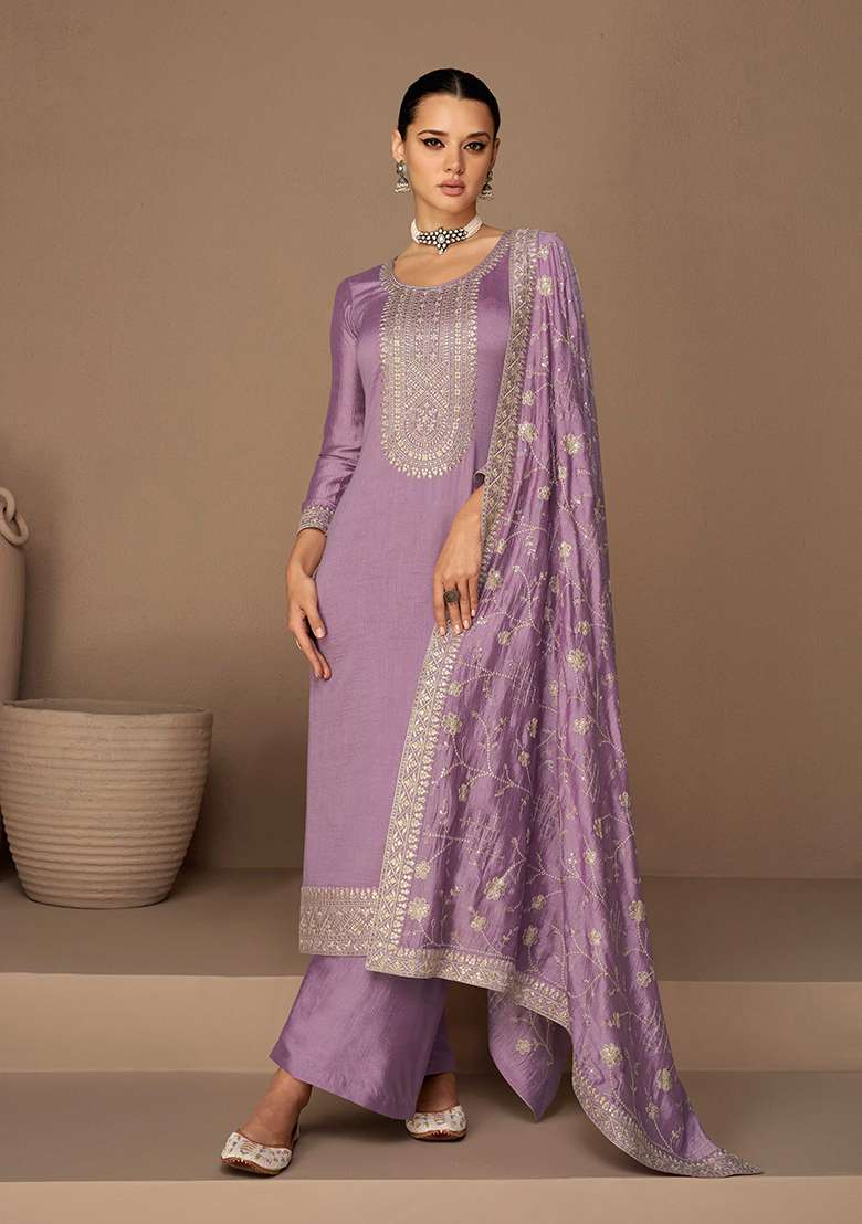 Lavender Embroidered Silk Blend Salwar Kameez - Indya