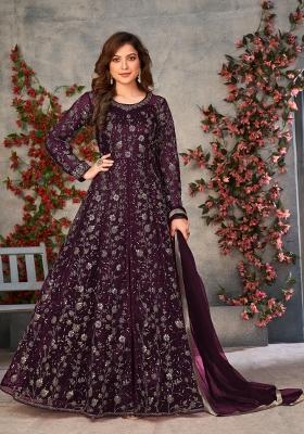 Wine Embroidered Net Anarkali Set