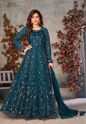 Teal Embroidered Net Anarkali Set