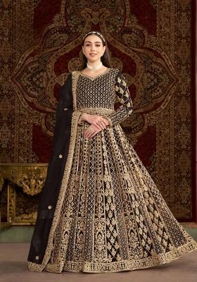 Black Embroidered Net Kurta With Dupatta