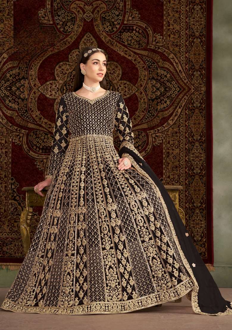 Black Embroidered Net Kurta With Dupatta - Indya