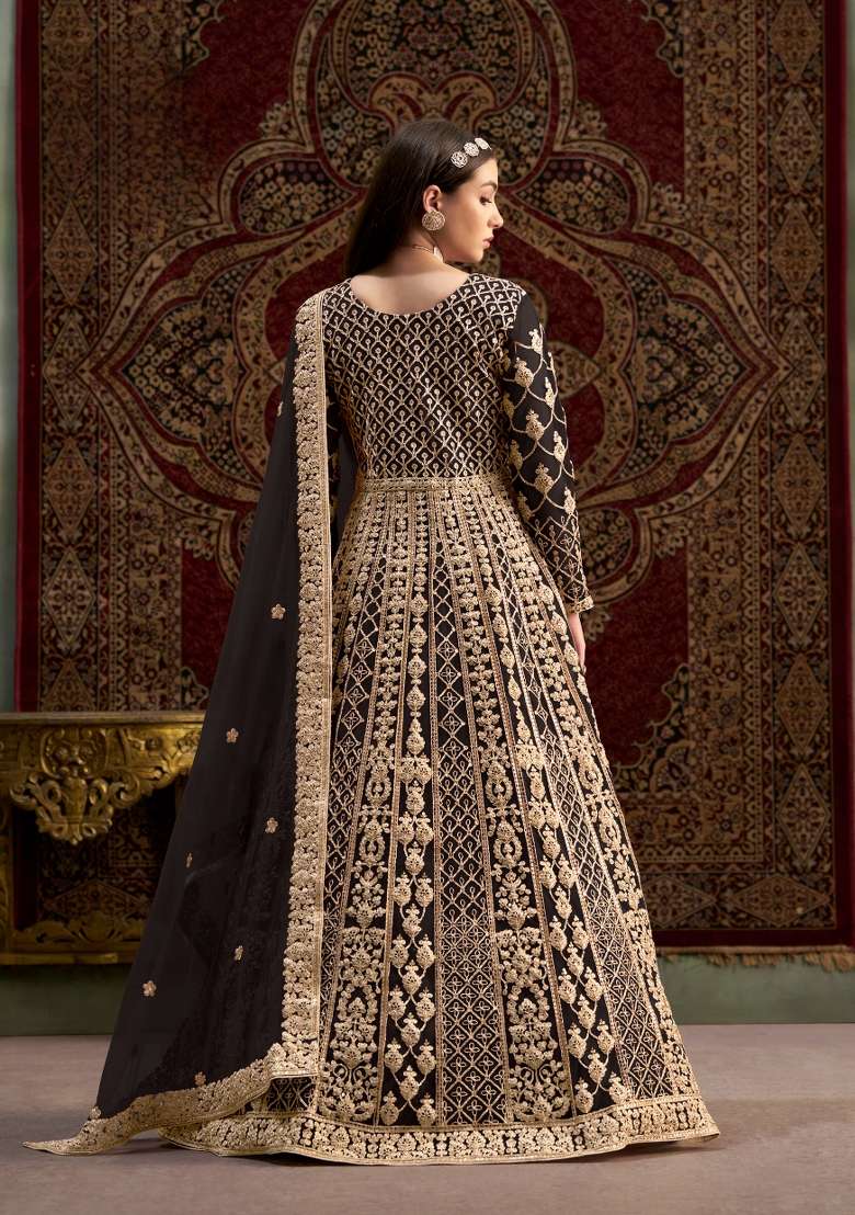Black Embroidered Net Kurta With Dupatta - Indya