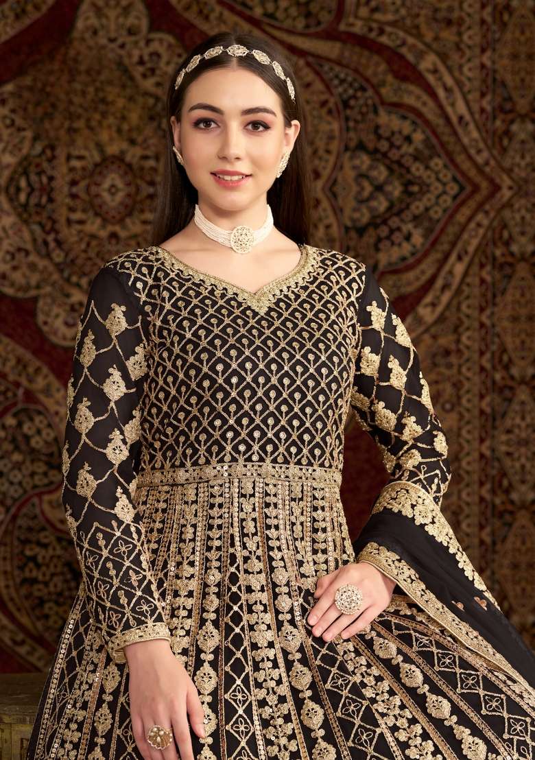 Black Embroidered Net Kurta With Dupatta - Indya