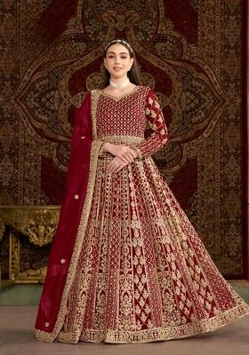 Maroon Embroidered Net Kurta With Dupatta