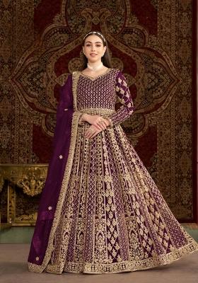 Purple Embroidered Net Kurta With Dupatta