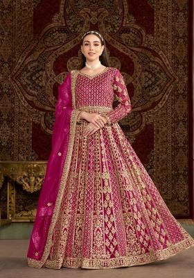 Rani Pink Embroidered Net Kurta With Dupatta