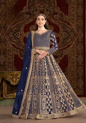 Navy Blue Embroidered Net Kurta With Dupatta