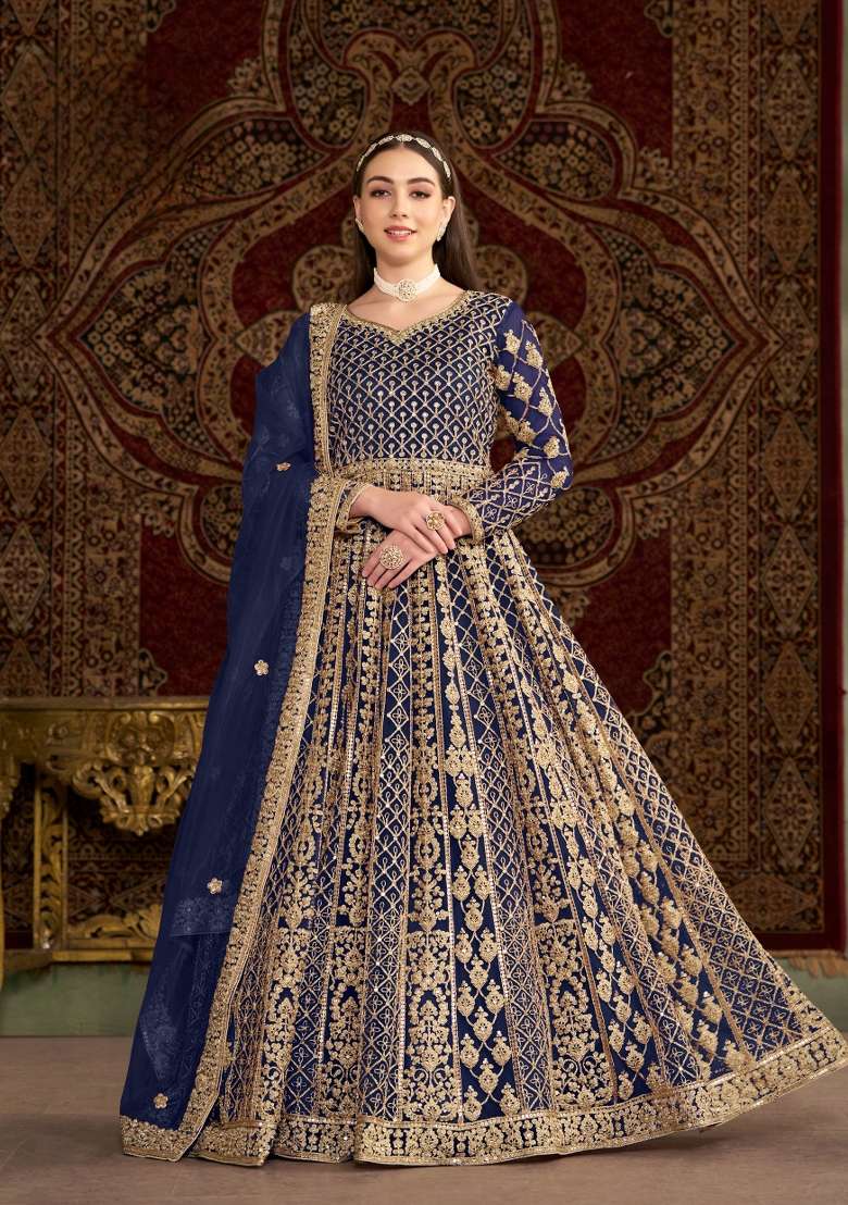 Navy Blue Embroidered Net Kurta With Dupatta - Indya