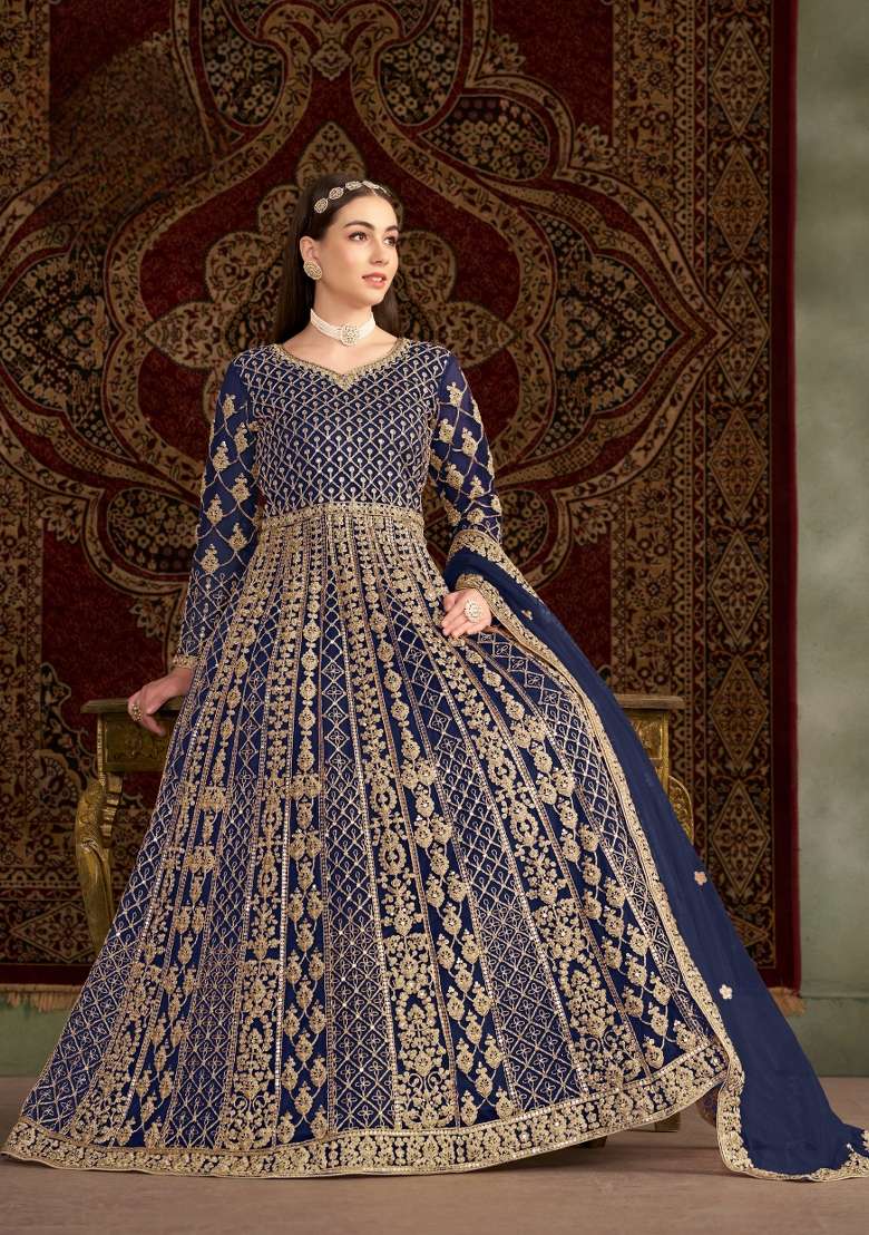 Navy Blue Embroidered Net Kurta With Dupatta - Indya