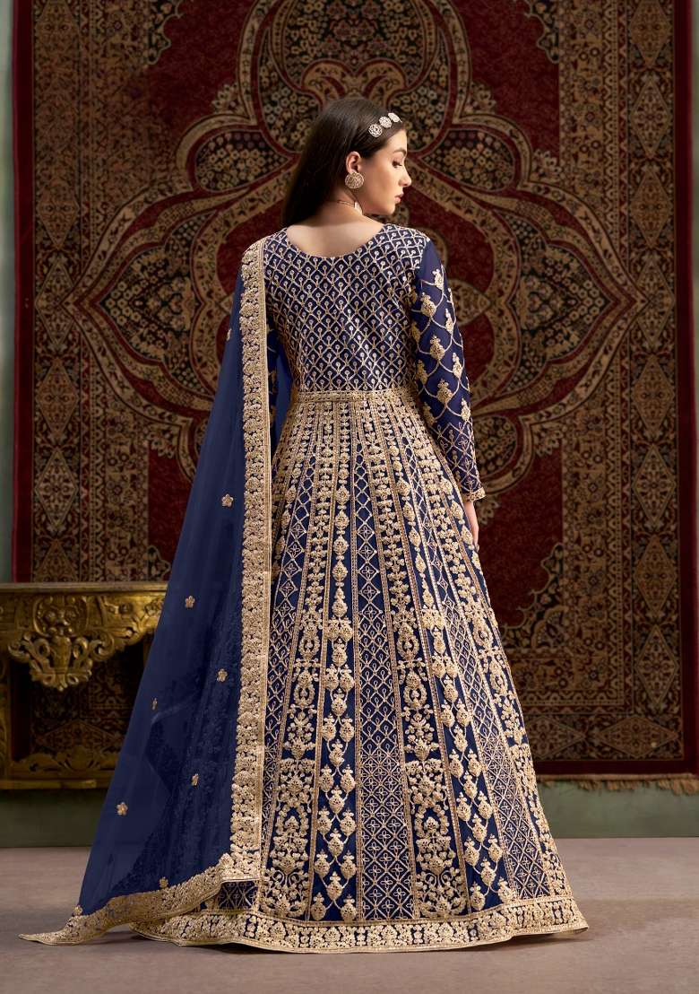 Navy Blue Embroidered Net Kurta With Dupatta - Indya