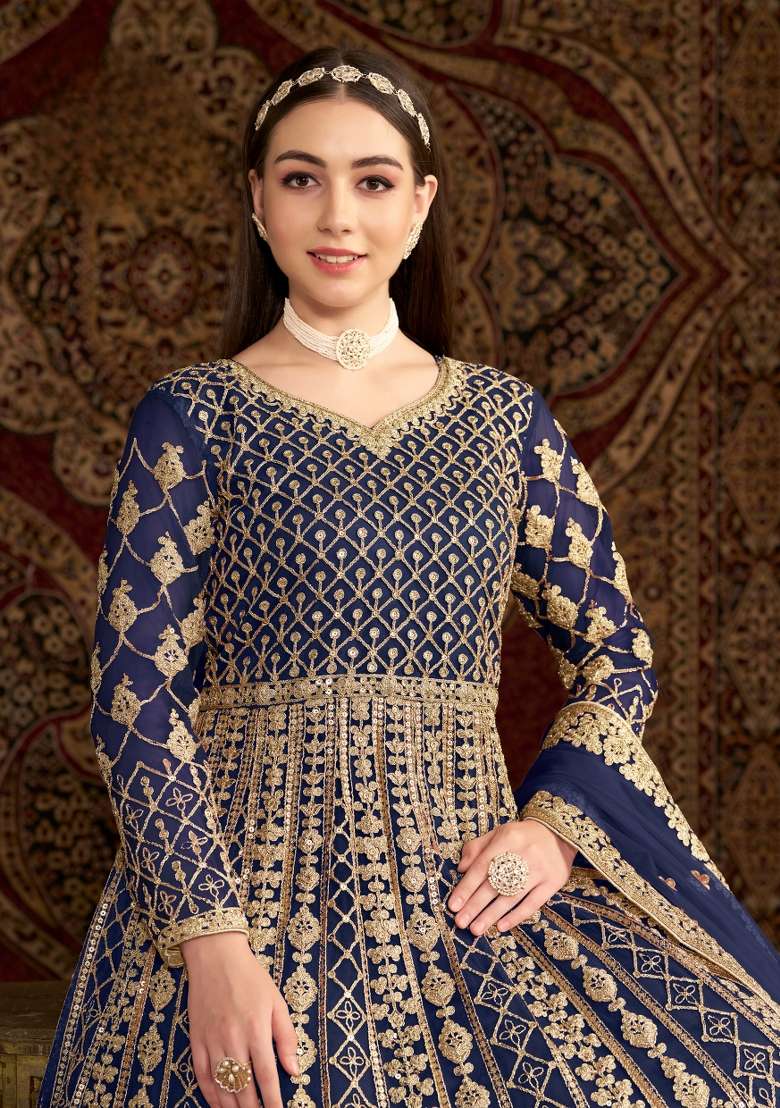 Navy Blue Embroidered Net Kurta With Dupatta - Indya