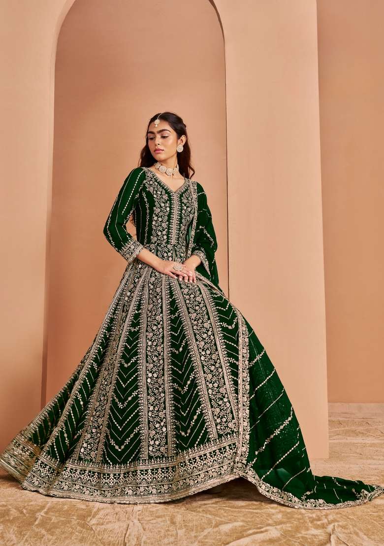 Dark Green Embroidered Georgette Anarkali With Dupatta - Indya