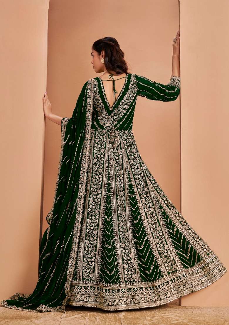 Dark Green Embroidered Georgette Anarkali With Dupatta - Indya