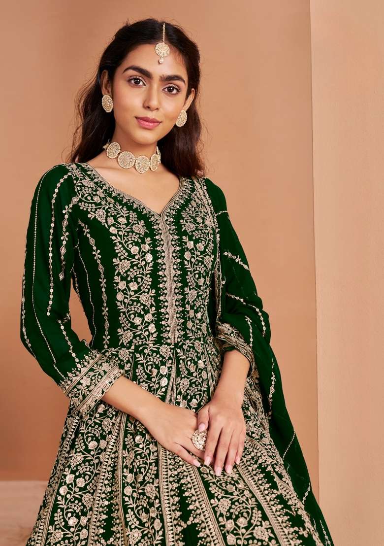 Dark Green Embroidered Georgette Anarkali With Dupatta - Indya