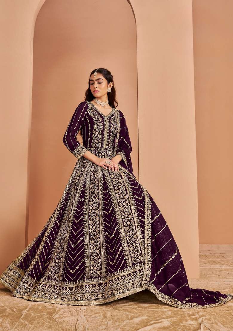 Purple Embroidered Georgette Anarkali With Dupatta - Indya