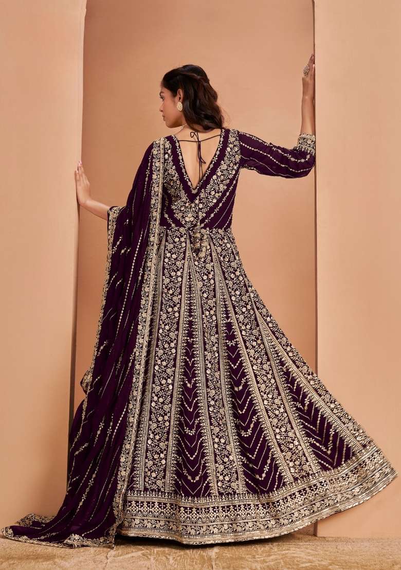 Purple Embroidered Georgette Anarkali With Dupatta - Indya