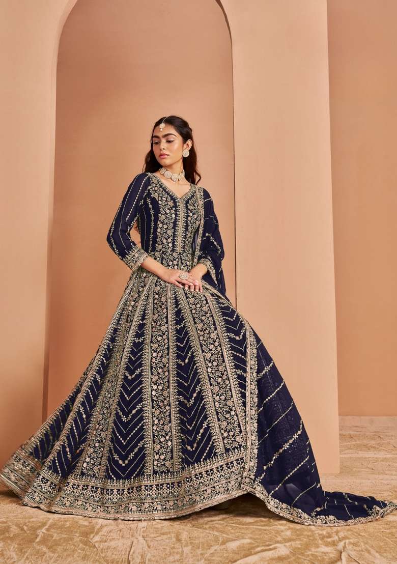 Navy Blue Embroidered Georgette Anarkali With Dupatta - Indya