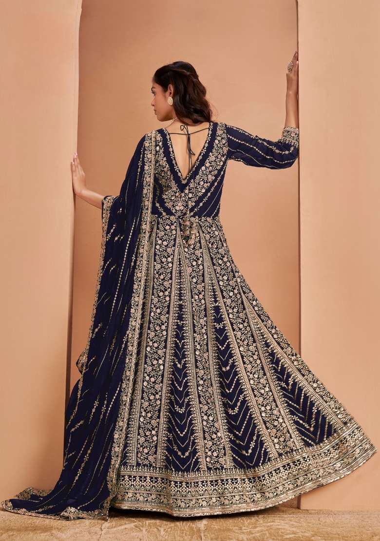 Navy Blue Embroidered Georgette Anarkali With Dupatta - Indya