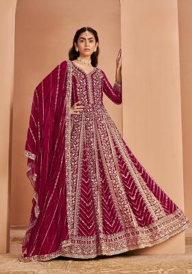 Dark Pink Embroidered Georgette Anarkali With Dupatta