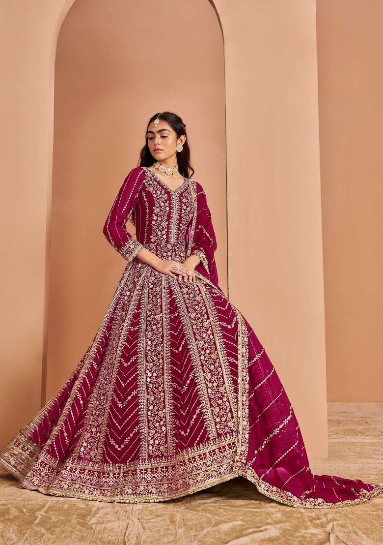 Dark Pink Embroidered Georgette Anarkali With Dupatta - Indya