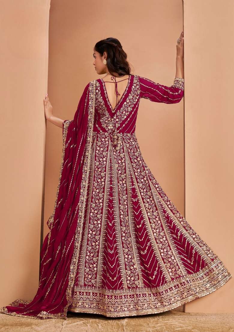 Dark Pink Embroidered Georgette Anarkali With Dupatta - Indya