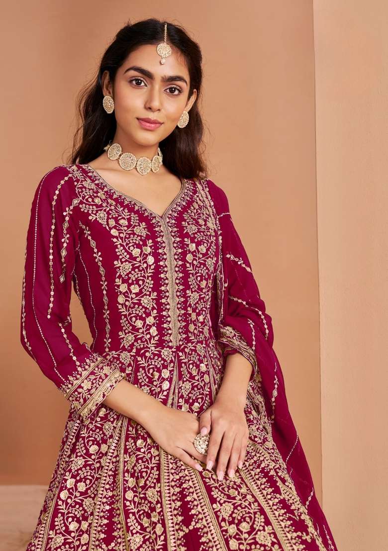 Dark Pink Embroidered Georgette Anarkali With Dupatta - Indya