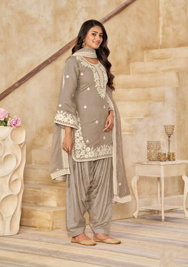 Beige Embroidered Silk Blend Salwar Kameez - Indya