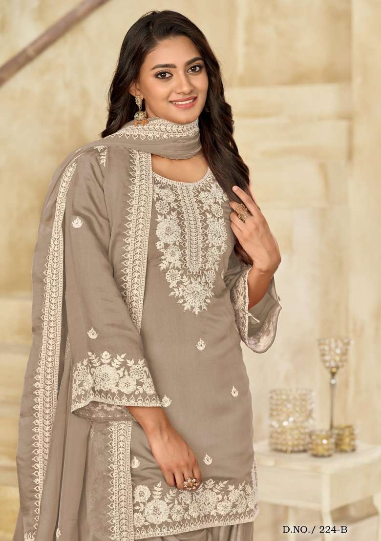 Beige Embroidered Silk Blend Salwar Kameez - Indya