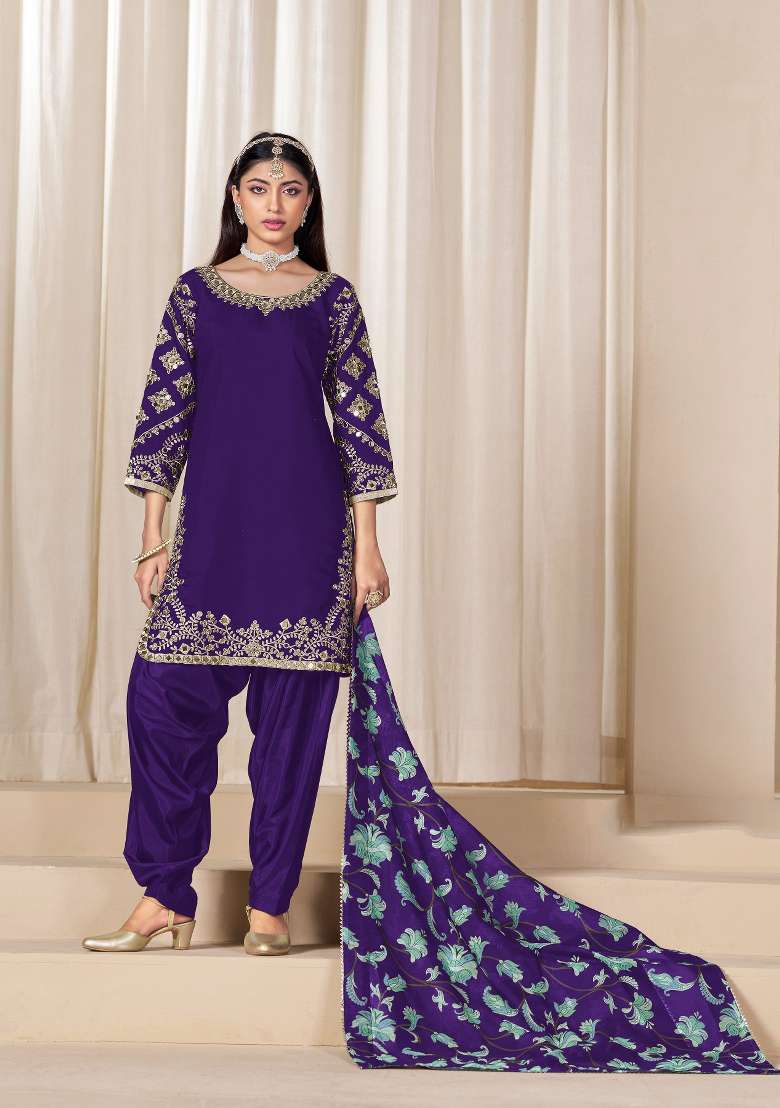 Purple Embroidered Silk Blend Salwar Kameez - Indya