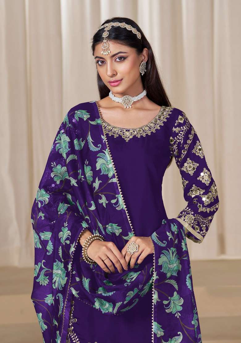 Purple Embroidered Silk Blend Salwar Kameez - Indya