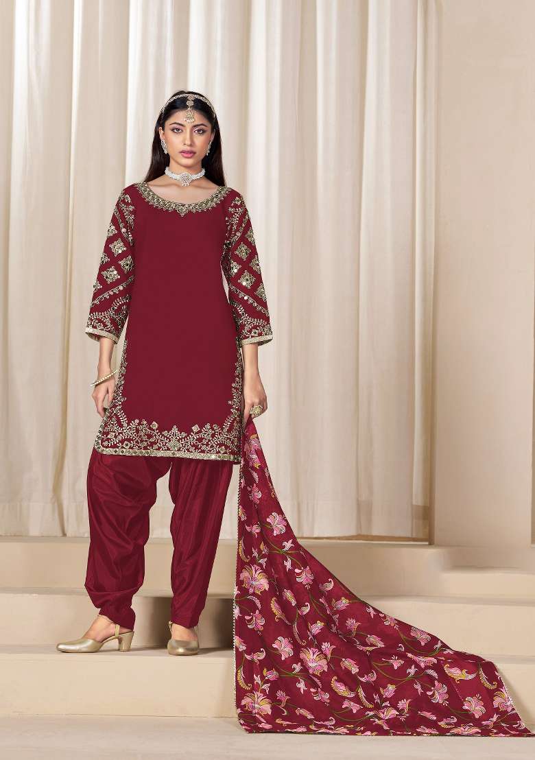 Blood Red Embroidered Silk Salwar Kameez - Indya
