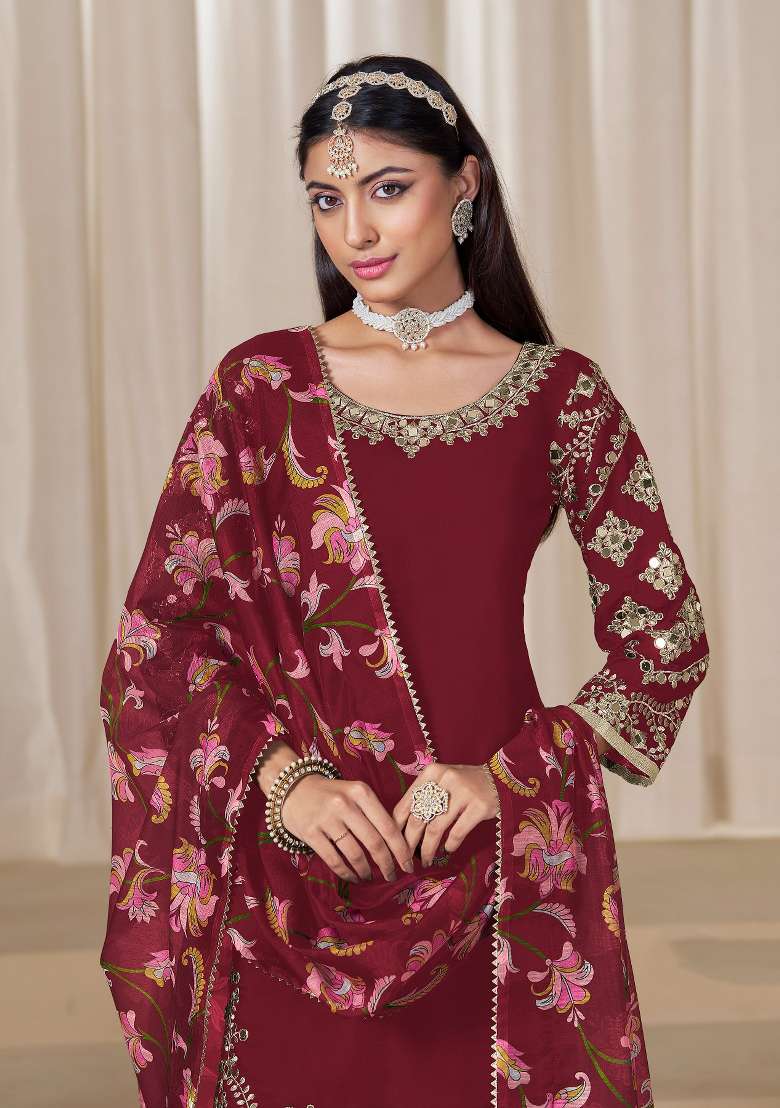 Blood Red Embroidered Silk Salwar Kameez - Indya