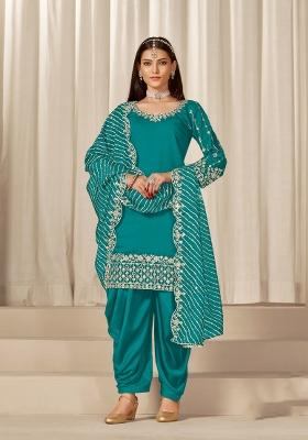 Turquoise Embroidered Silk Blend Salwar Kameez