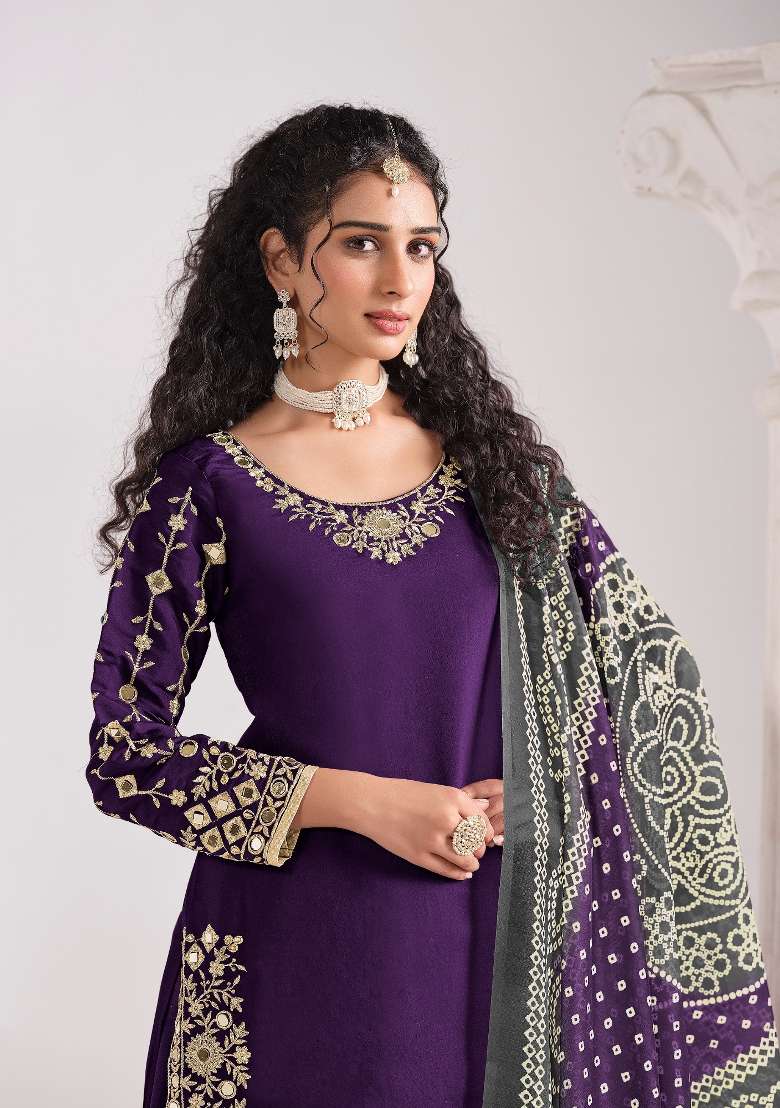 Purple Embroidered Silk Blend Salwar Kameez - Indya