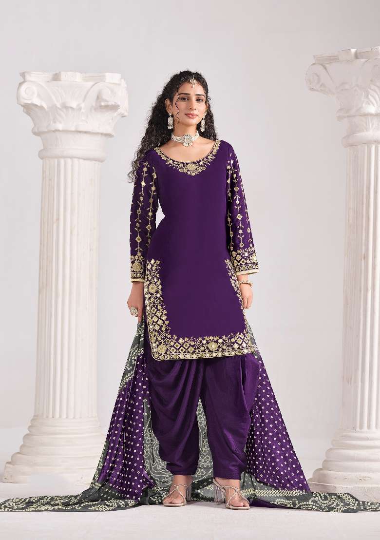 Purple Embroidered Silk Blend Salwar Kameez - Indya